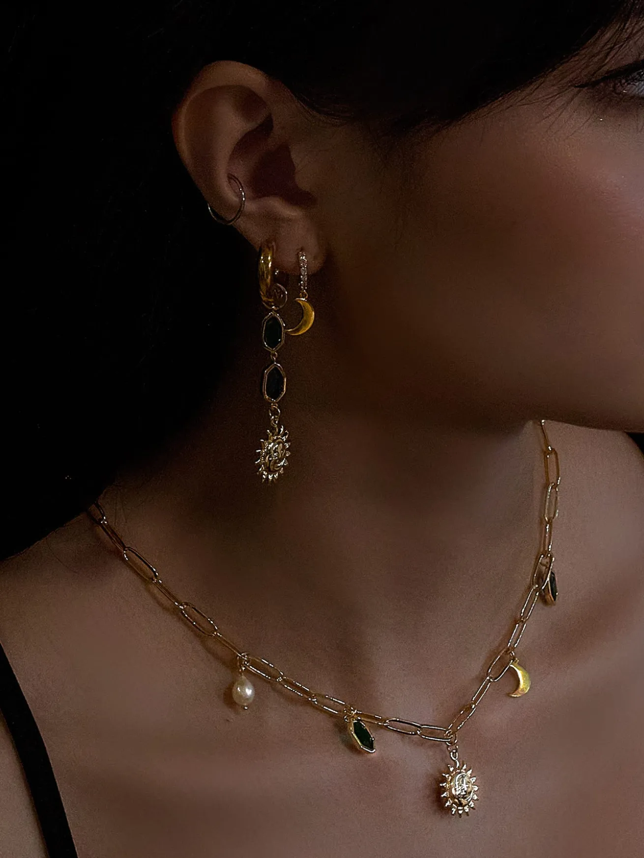 Sun-Moon Asymmetric Gemstone Chunky Hoops
