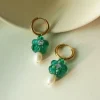 Teal-Green Glass Flower & Pearl Hoop Earrings