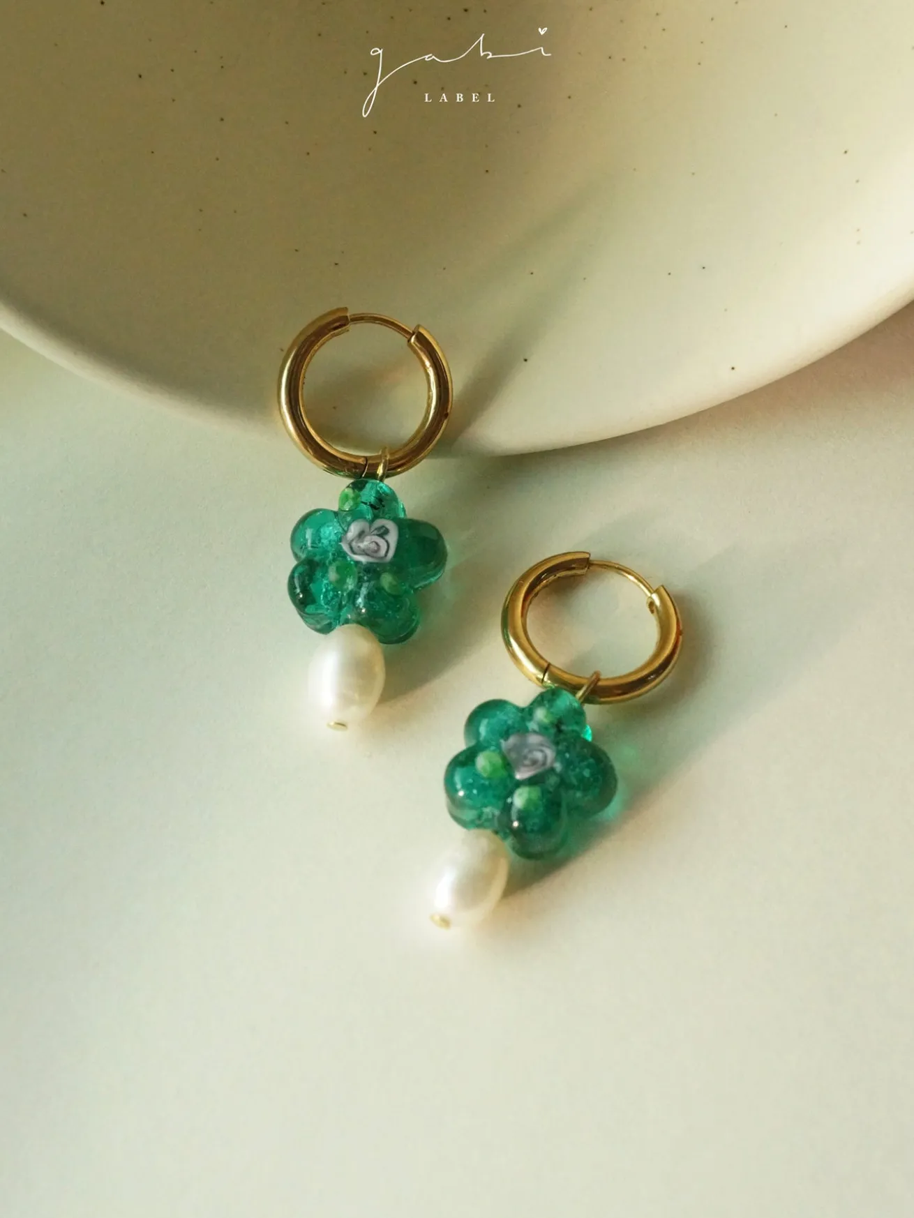 Teal-Green Glass Flower & Pearl Hoop Earrings