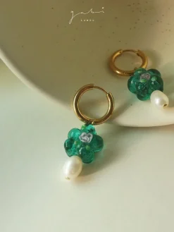 Teal-Green Glass Flower & Pearl Hoop Earrings