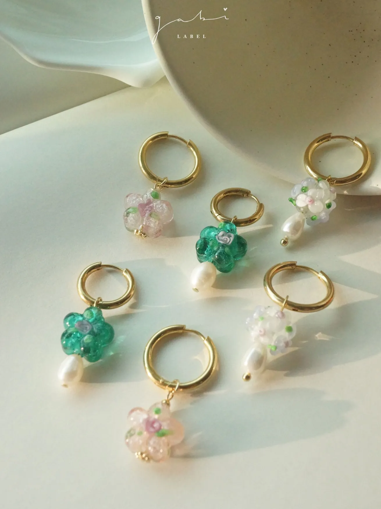 Teal-Green Glass Flower & Pearl Hoop Earrings
