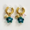 Teal-Green Glass Flower Chunky Hoops - Heart Locket/Pink Crystal