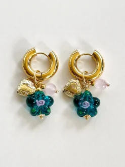 Teal-Green Glass Flower Chunky Hoops - Heart Locket/Pink Crystal