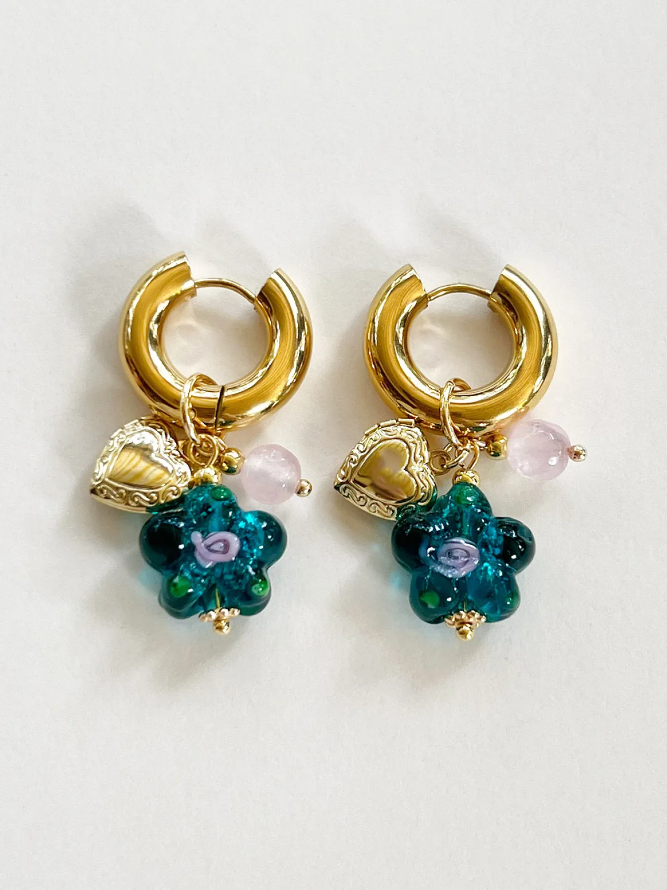 Teal-Green Glass Flower Chunky Hoops - Heart Locket/Pink Crystal