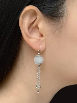 White Jade Dangling Earrings - Silver