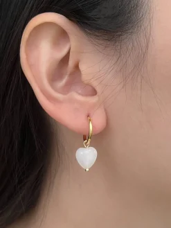 White Jade Heart Hoop Earrings