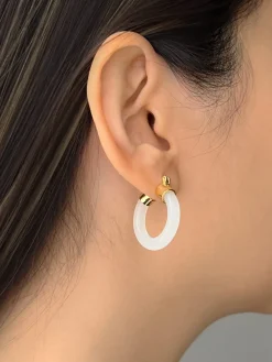 White Jade Hoops (Gold tone)